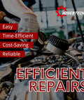 Mechanic using tools for efficient car repairs with HZGEBTECH logo and text highlighting benefits like cost-saving and reliability
