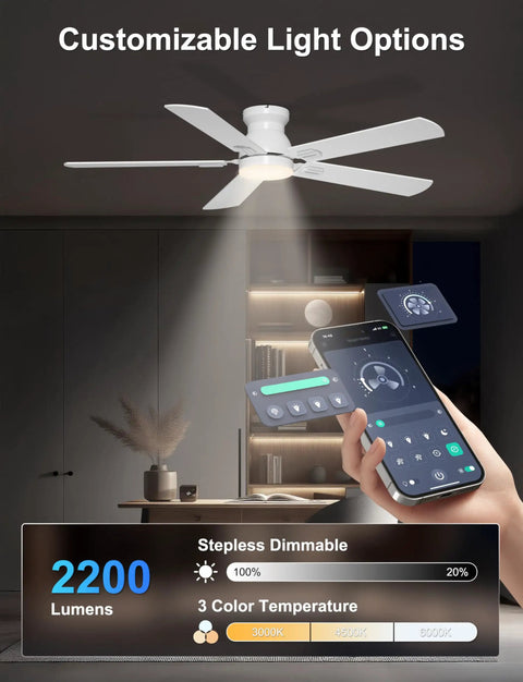 52 Inch Low Profile Ceiling Fan With Light For Low Ceilings White Flush Mount Quiet DC Motor No Fuss App Control Image