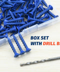 Box of blue 3/16 By 1-1/4 Concrete Screws With 5/32 Drill Bit, Flat Head Masonry Anchors For Brick, Block, Cement Or Stucco