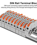 20-Piece DIN Rail Terminal Blocks for Electrical Control Panels showing compact grey wire connectors and shrapnel contacts