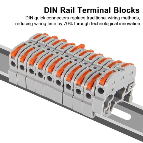 30Pcs DIN Rail Terminal Blocks For Electrical Control Panels Pro Grade Compact Design Supports Solid Stranded And Flexible Wires 0.2-4.0mm2 28-12 AWG With 4KV High Voltage Resistance Flame Retardant PC Material And Safe Independent Wire Connections Grey, shown in close-up on a rail.
