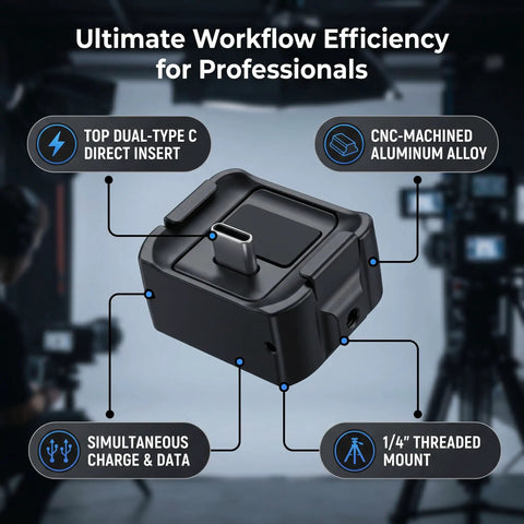 Built Tough Sports Camera Charging Dock For Pocket 3 Rig With Fast Type C Power Delivery and Quick Sync Line angled view showcasing USB-C and threaded mount.
