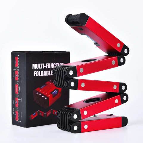 Foldable 28 Inch Magnetic Level With 45 90 180 Bubble Angles, Pro Grade Hinged Measuring Tool displayed next to packaging