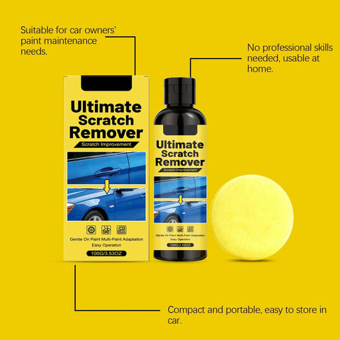 No Hassle Auto Scratch Remover And Swirl Polish Kit Safe For Every Paint Color, bottle with sponge on yellow background.