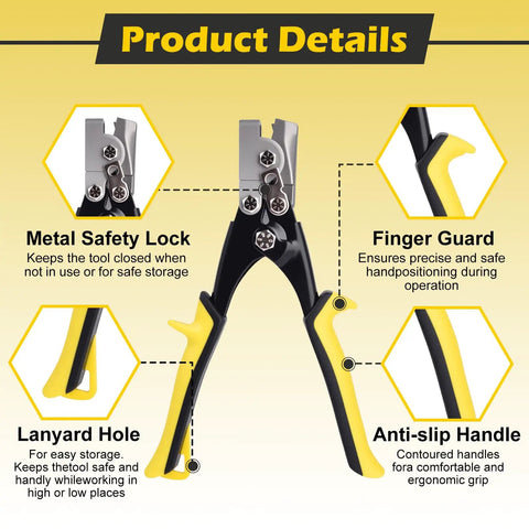 Snap Lock Punch Tool product details showing metal safety lock, finger guard, lanyard hole, and anti-slip handle.