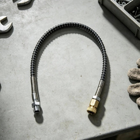 Heavy Duty 4500 PSI High Pressure Air Hose With Anti Kink Design and Solid Brass Steel Fittings. Close-up view on a workshop table.