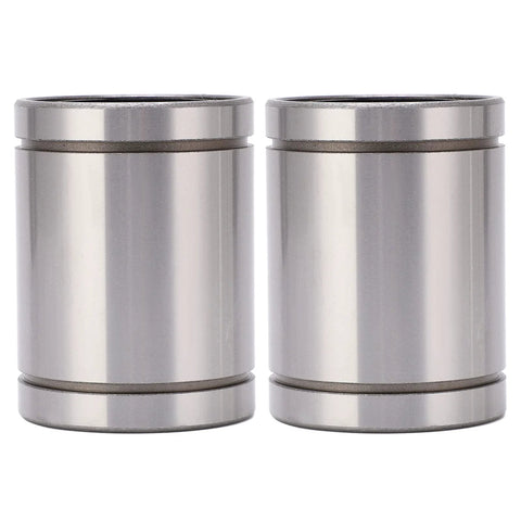 Front view of two stainless steel cylindrical linear ball bearings.