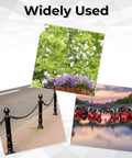 Three photos showing uses of the Black Plastic Chain Links Kit 3 Ft Long 6mm Links With 5 S Hooks For Barriers Crowd Control Parking Fences Gates Concerts And Decor Durable Outdoor Chain For Weatherproof Use.