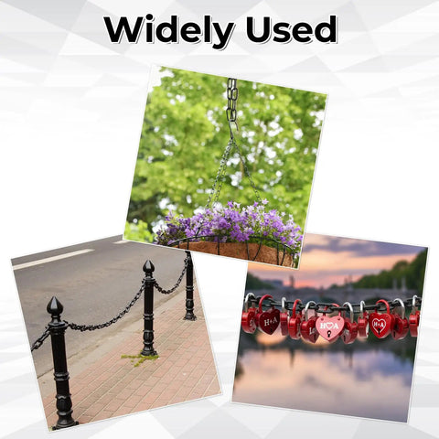 Three photos showing uses of the Black Plastic Chain Links Kit 3 Ft Long 6mm Links With 5 S Hooks For Barriers Crowd Control Parking Fences Gates Concerts And Decor Durable Outdoor Chain For Weatherproof Use.