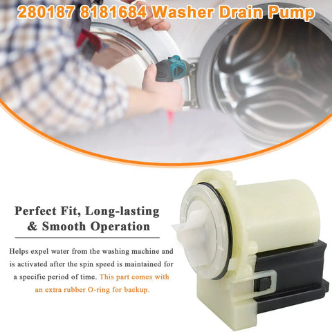Hella Reliable Heavy Duty 280187 8181684 Washer Drain Pump Motor shown installed in a washing machine for effective water expulsion.