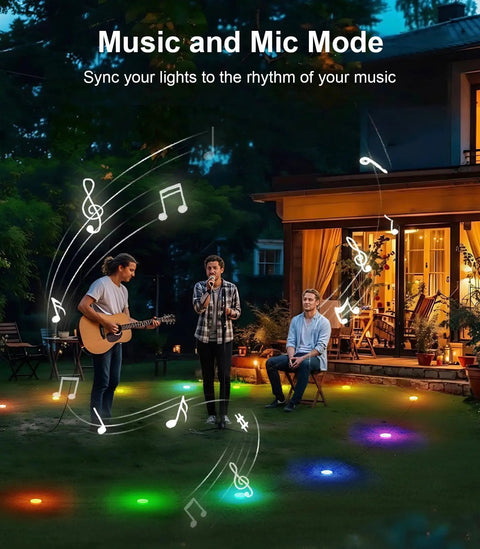 65.6Ft LED Strip Lights With Music Sync in garden with musicians and colorful lights, night time music party atmosphere.