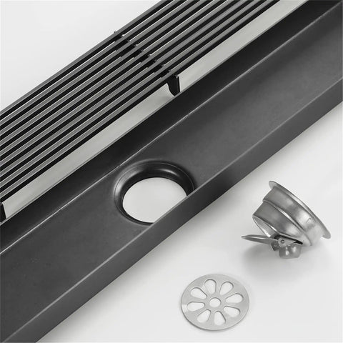 Sleek Linear Shower Drain In Heavy Duty Stainless Steel With Removable Grate And Hair Catcher For Hassle Free Bathroom Drains Finished In Slick Rose Gold, close-up of parts.