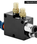 QWORK mist coolant spray system valve block with adjustable brass knurled knobs, blue hose, air and oil ports