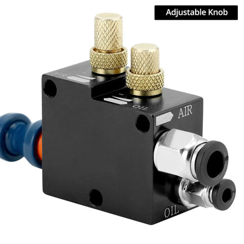 QWORK mist coolant spray system valve block with adjustable brass knurled knobs, blue hose, air and oil ports