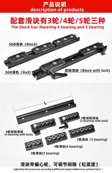 Double Axis Roller Linear Guide Rail SGR15N With SGB15N showing 3, 4, and 5 bearing blocks for CNC Machines