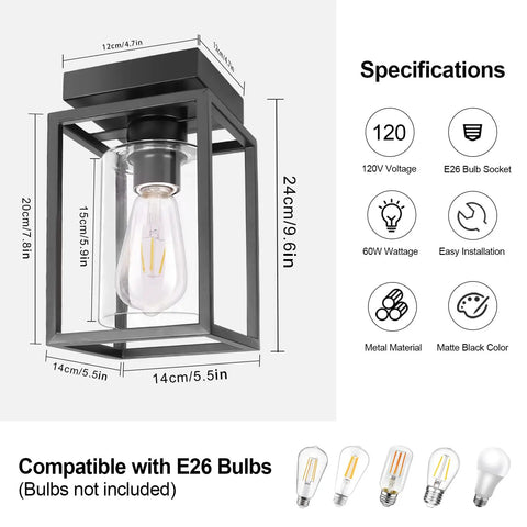 Matte Black Semi Flush Mount Ceiling Light Fixture With Clear Glass Shade Farmhouse Style Ceiling Lighting specifications