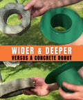 Comparison of green ABS Sprinkler Head Guard Protector Donut Style with concrete donut, showing wider and deeper design.