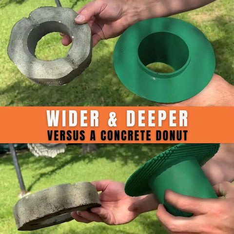Comparison of green ABS Sprinkler Head Guard Protector Donut Style with concrete donut, showing wider and deeper design.