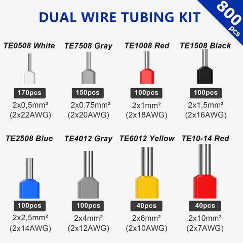 800 Piece Double Wire Ferrule Kit For Parallel Crimping, Heavy Duty Pro Grade Brass Barrel Connectors For AWG 22 To AWG 7