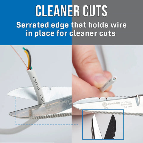 Heavy Duty Electrician Scissors With Serrated Blade For Cleaner Wire Cuts And Stripping Chrome Vanadium Steel Construction Delivers Pro Grade Durable Performance For Electrical Work shown cutting wire.