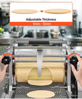 Qiokoith Automatic Electric Tortilla Maker Machine With Non Stick Surface And Adjustable Thickness Settings For Fluffy Homemade Flour And Corn Tortillas Easy One Touch Operation kitchen appliance showing adjustable thickness feature