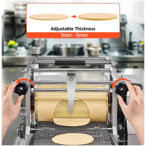 Qiokoith Automatic Electric Tortilla Maker Machine With Non Stick Surface And Adjustable Thickness Settings For Fluffy Homemade Flour And Corn Tortillas Easy One Touch Operation kitchen appliance showing adjustable thickness feature