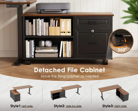 55 Inch L Shaped Electric Standing Desk With Drawers And File Cabinet Sets showing detached file cabinet and placement style options.