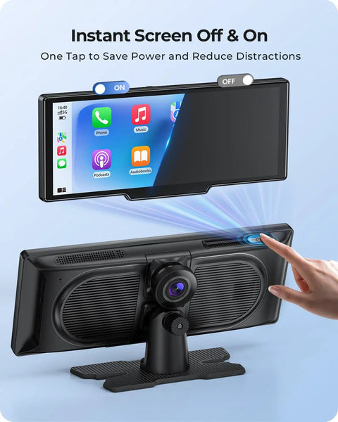 9.26 Inch Wireless CarPlay Screen With 4K Dash Cam And HD Backup Camera displaying apps, with on-screen power button highlighted