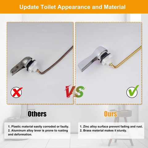 Universal Front Mount Toilet Tank Lever Replacement Kit with brass handle and chrome finish comparison image.