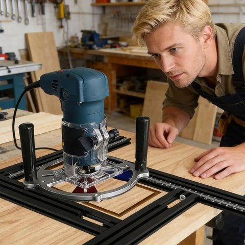 Pro Grade Saw Guide Rail With Adjustable Support Bracket For Rock Solid Alignment And Killer Precision Cuts, at workbench with router.