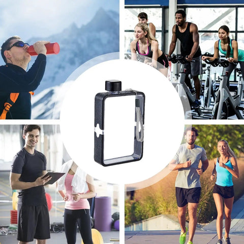 Flat Square Water Bottle For On The Go Hydration, Leak Proof And Drop Proof, Pocket And Purse Friendly Portable displayed outdoors and in gym settings.
