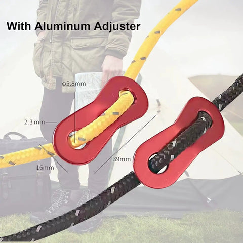 8 Pack 4mm Reflective Tent Guylines With Aluminum Adjuster Tensioner showing yellow and black ropes in use