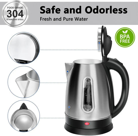 Stainless Steel Electric Kettle 1.8 Liter Fast Boil Tea And Coffee Kettle With Auto Shut Off Boil Dry Protection LED Light 360 Degree Swivel Base 1100W Water Heater And Teapot