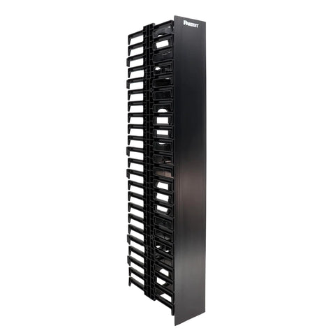 WMPV45E Vertical Cable Management Panel Black Rack Ready for Racks, 24 Cable Cat6 Capacity, side view of cable slots