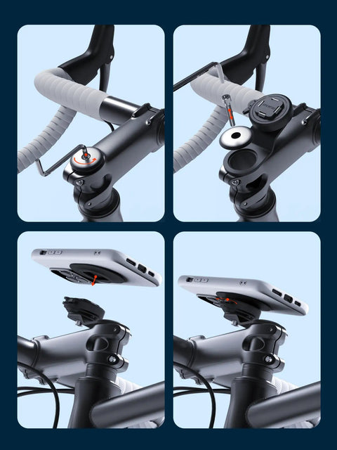 Quad Series Mountain Bike Phone Mount with Quick Lock and Release for handlebar stem shown in installation steps.