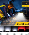 Rechargeable 40W LED Work Light With Tripod Hole used for car repair at night, showing five lighting modes.