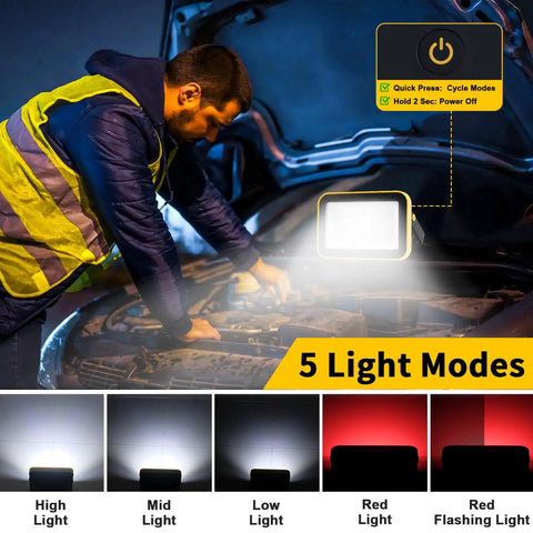 Rechargeable 40W LED Work Light With Tripod Hole used for car repair at night, showing five lighting modes.