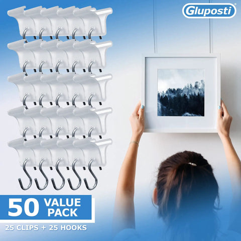 Clear Ceiling Grid Clips And S-Hook Hanging Kit, 50-Piece Drop Ceiling Decor Set shown with clips and hooks next to framed art.