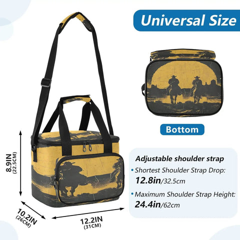Insulated Leakproof Lunch Bag For Outdoors Large Cooler Tote with cowboy design, waterproof 600D Oxford, dimensions shown