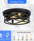 Diagram of 2 Pack Black Flush Mount Ceiling Lights showing dimensions and bulb compatibility with focus on industrial farmhouse style.