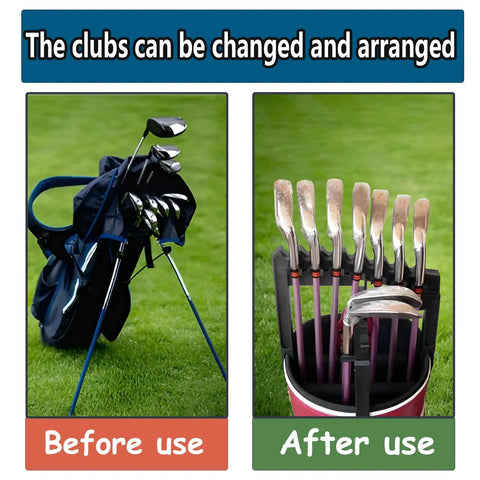 Durable Golf Club Organizer For Bags With Iron Holder Clips And Shaft Racks Keeps Your Golf Set Neat And Ready Holds Up To 9 Clubs Lightweight Outdoor Golf Gear Stand Easy To Install image comparison before and after use.