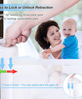 Hand operating lock mechanism on the Retractable Baby Gate for Stairs and Doorways, white gate, child visible, 34 Inch Tall Expands to 72 Inch Wide