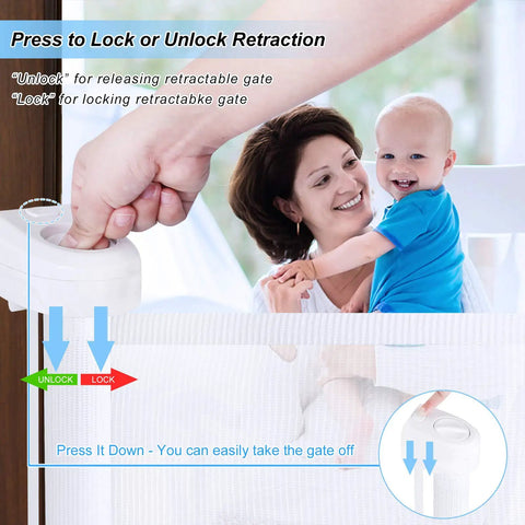 Hand operating lock mechanism on the Retractable Baby Gate for Stairs and Doorways, white gate, child visible, 34 Inch Tall Expands to 72 Inch Wide