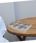 Three Piece Multi Grid Jewelry Organizer Trays Featuring Earring Stands Necklace Display Plates And Soft Velvet Ring Inserts To Make Sorting Your Bling A Breeze For Home Or Showroom Use on wooden table.