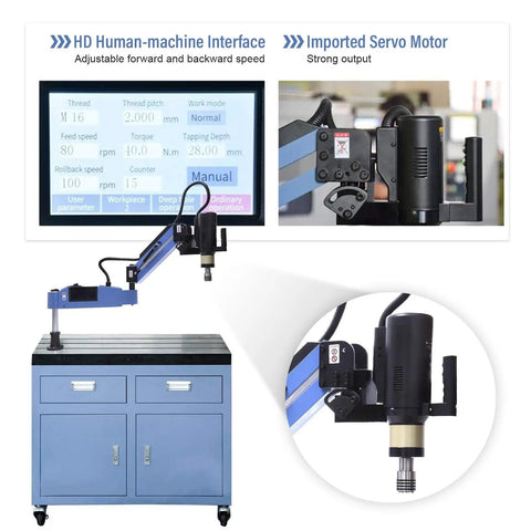 High Power Electric Touch Tapping Machine With 1200W Servo Motor on workstation, featuring adjustable touchscreen interface for precise control.