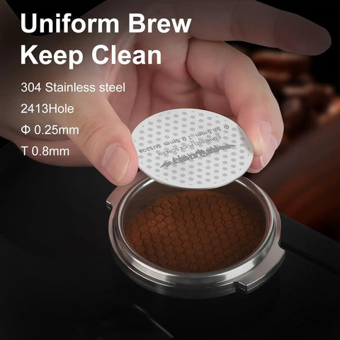 Person holding 51mm Espresso Puck Screen With Full Edge Holes, 0.8mm Thin 316 Stainless Steel, over portafilter basket.