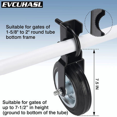 Tough As Nails 6 Inch Metal Gate Wheel For Swing Gates Up To 2 Inches Wide Supports 500 Pounds showing mounting details and dimensions.