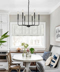 Black Farmhouse Six Light Pendant Chandelier For Dining Room Rustic Matte Black Ceiling Light Fixture in kitchen island setting