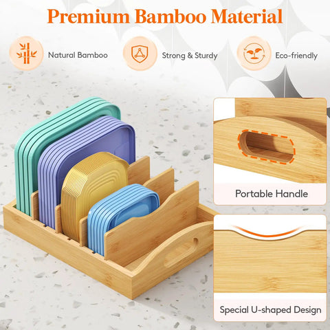 Bamboo Lid Organizer For Inside Cabinet With 4 Adjustable Inserts And 5 Sections, Keeps Lids Neat And Easy To Grab