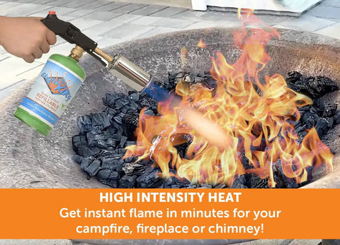 Pro Searer Kitchen Torch For Searing Meats And Fish, Sous Vide Finish, igniting charcoal in a fire pit.